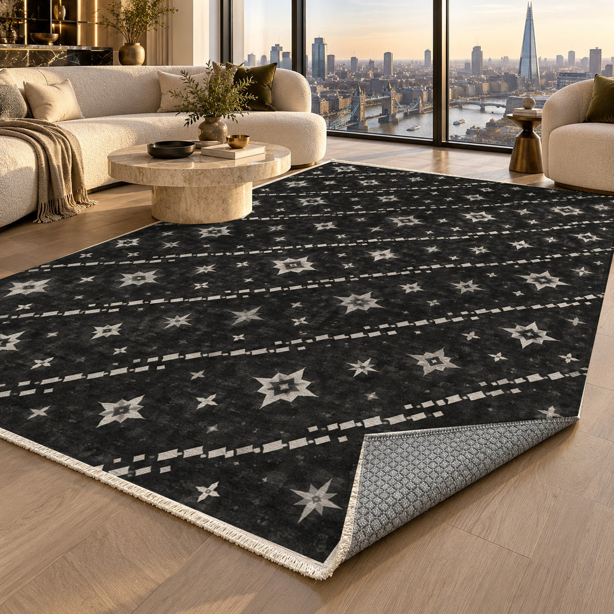 Caravan Stars Charcoal Ethnic Washable Rug — london luxury living