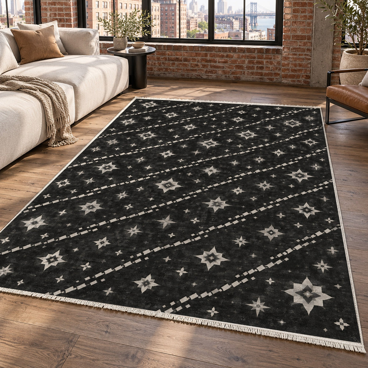 Caravan Stars Charcoal Ethnic Washable Rug — new york living