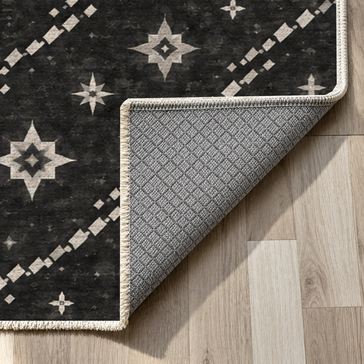 Caravan Stars Charcoal Ethnic Washable Rug — backing close up