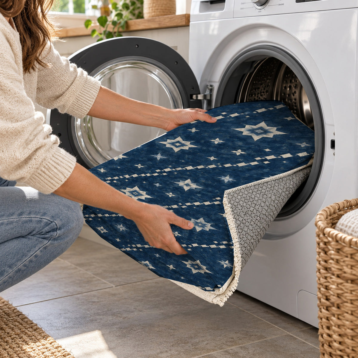 Caravan Stars Indigo Ethnic Washable Rug — washing machine