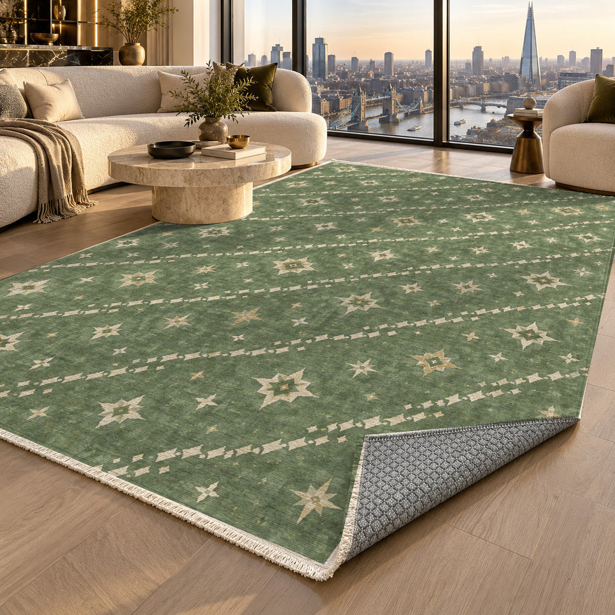 Caravan Stars Sage Ethnic Washable Rug — london luxury living