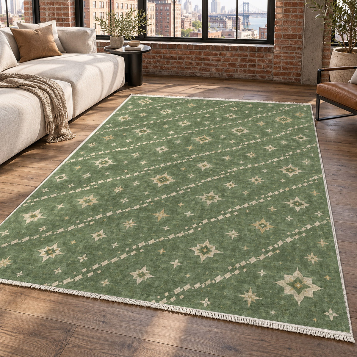 Caravan Stars Sage Ethnic Washable Rug — new york living