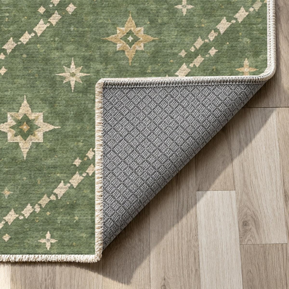 Caravan Stars Sage Ethnic Washable Rug — backing close up