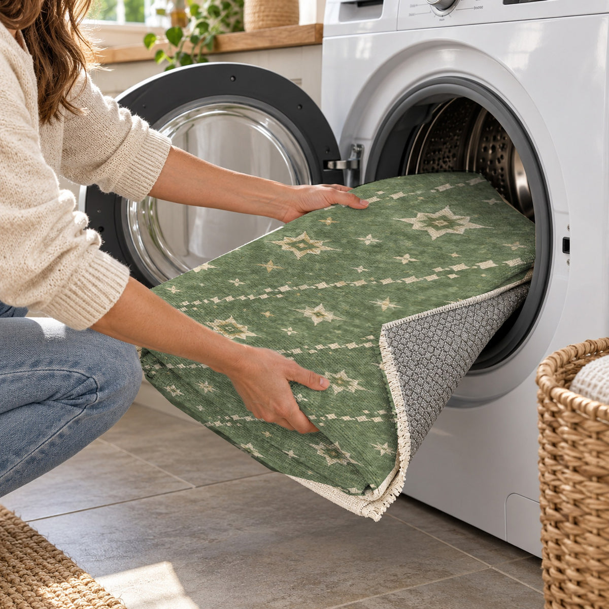 Caravan Stars Sage Ethnic Washable Rug — washing machine