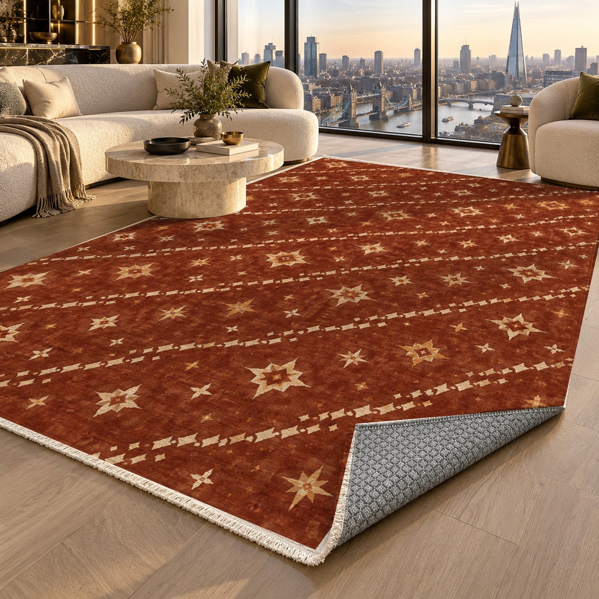 Caravan Stars Terracotta Ethnic Washable Rug — london luxury living