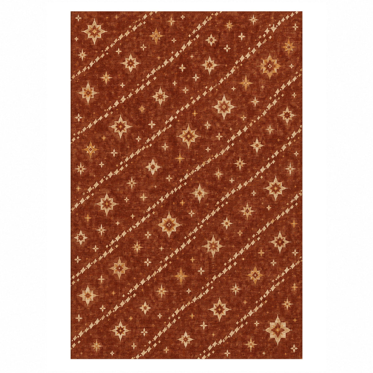Caravan Stars Terracotta Ethnic Washable Rug — top view