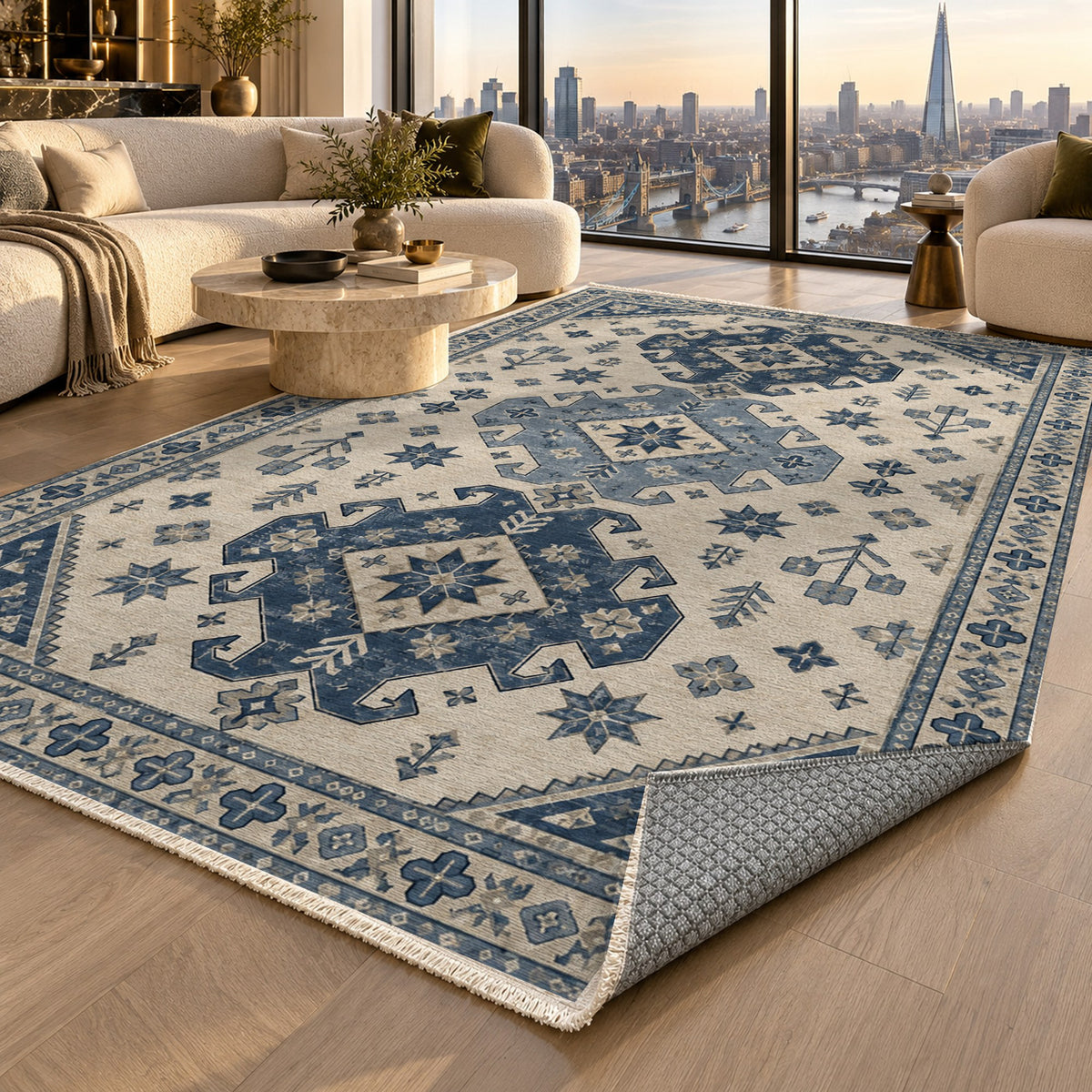 Caucasian Diamonds Blue Ivory Classic Washable Rug — london luxury living