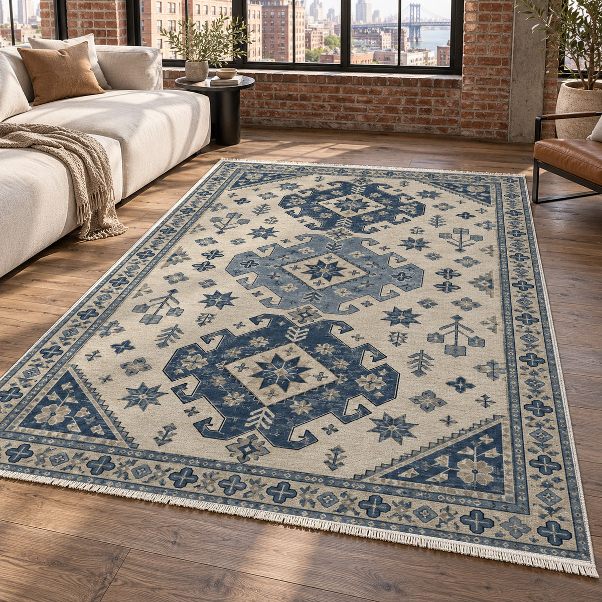 Caucasian Diamonds Blue Ivory Classic Washable Rug — new york living