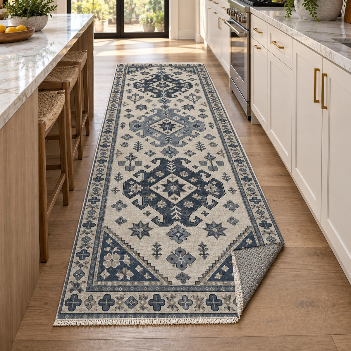 Caucasian Diamonds Blue Ivory Classic Washable Rug — new york kitchen runner