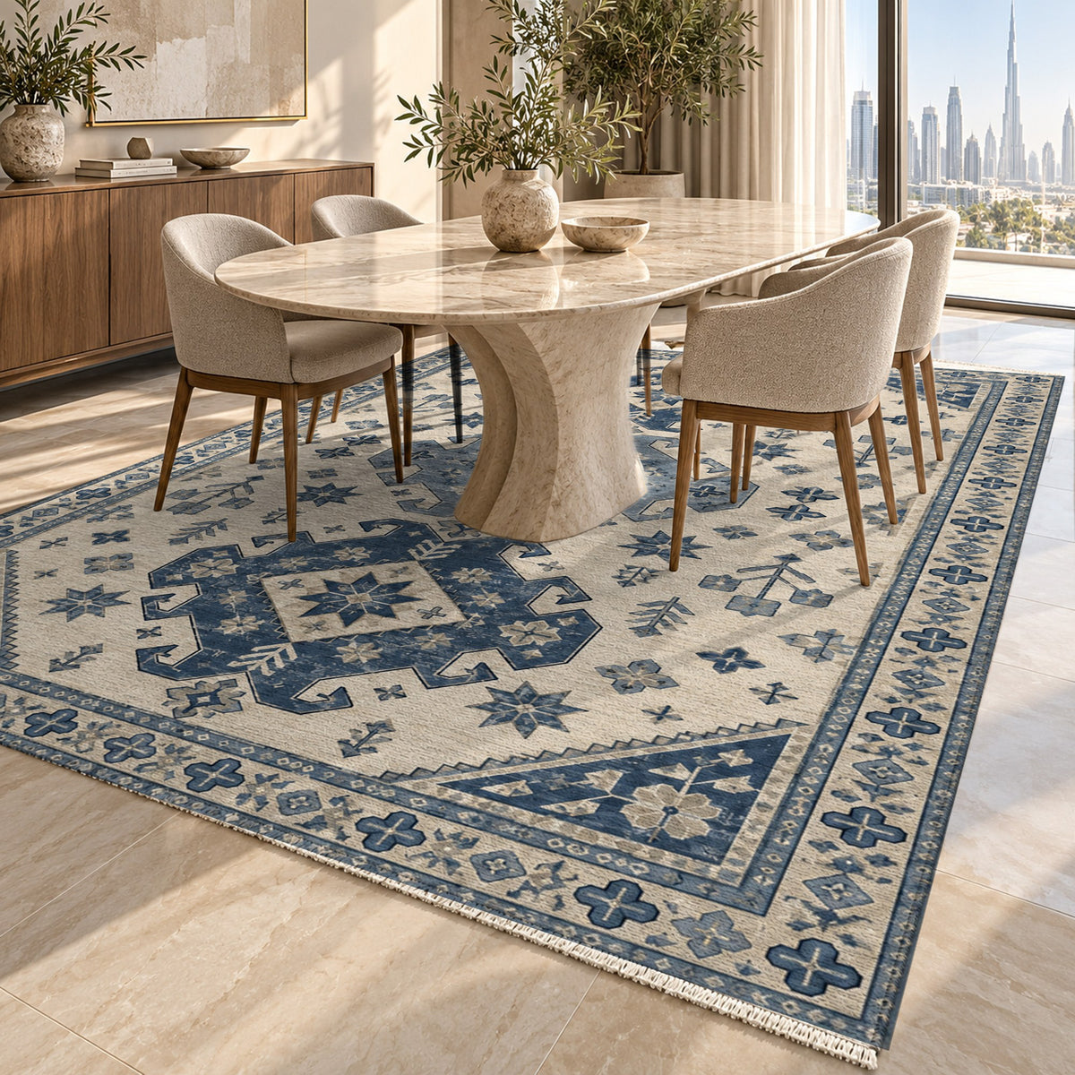 Caucasian Diamonds Blue Ivory Classic Washable Rug — dubai dining