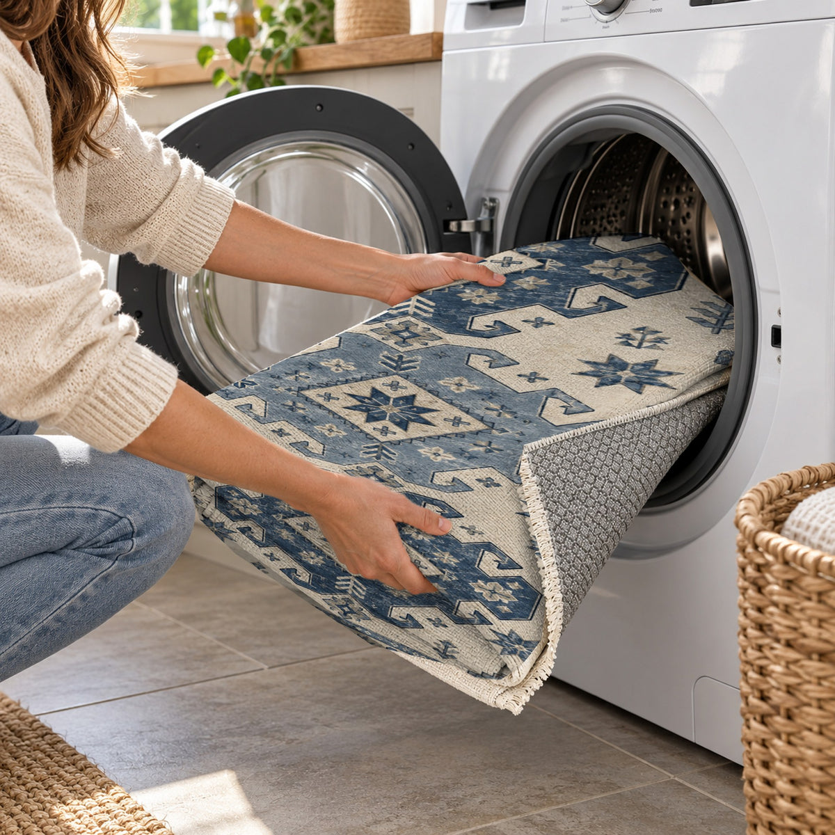 Caucasian Diamonds Blue Ivory Classic Washable Rug — washing machine