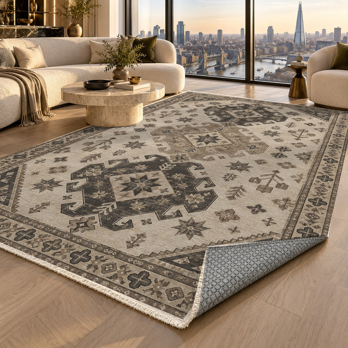 Caucasian Diamonds Ivory Taupe Classic Washable Rug — london luxury living
