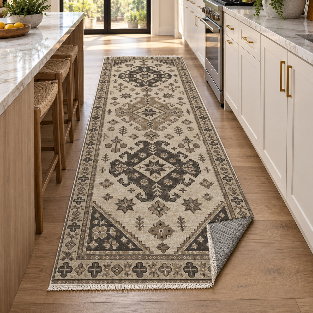 Caucasian Diamonds Ivory Taupe Classic Washable Rug — new york kitchen runner