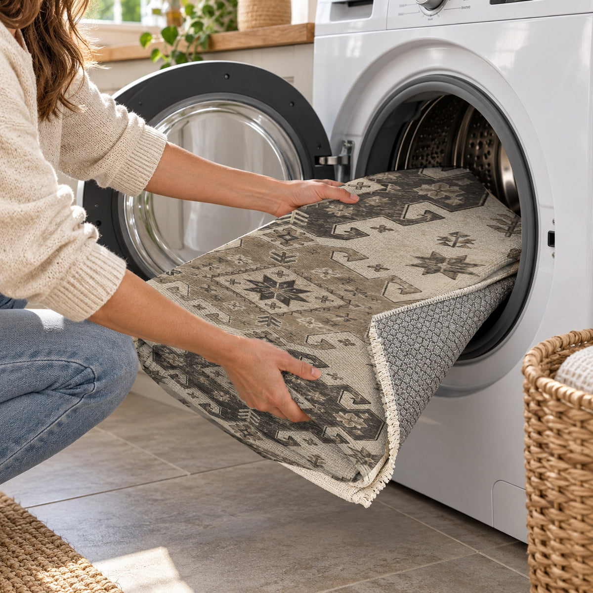 Caucasian Diamonds Ivory Taupe Classic Washable Rug — washing machine