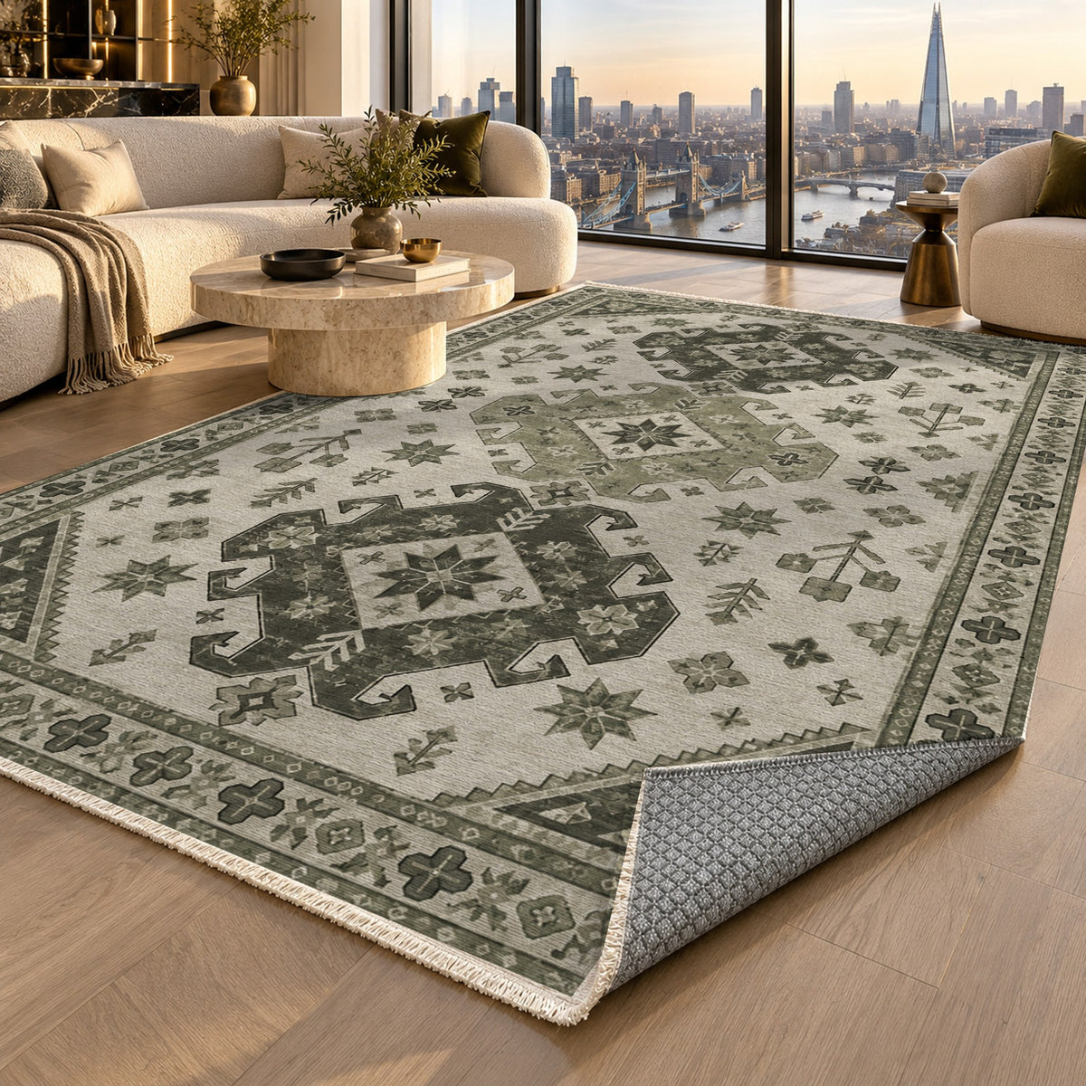 Caucasian Diamonds Sage Stone Classic Washable Rug — london luxury living