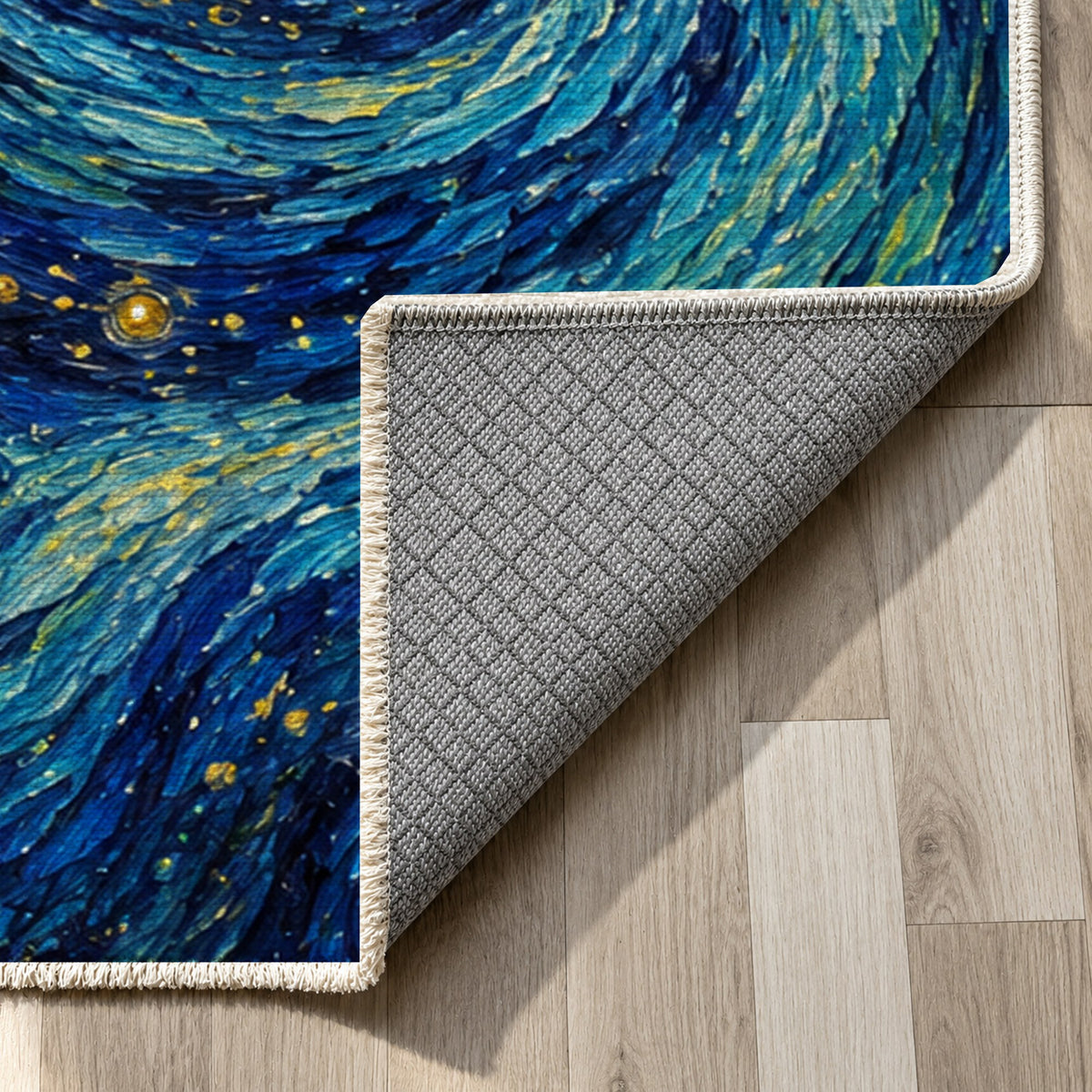 Celestial Currents Abstract Washable Rug — backing close up
