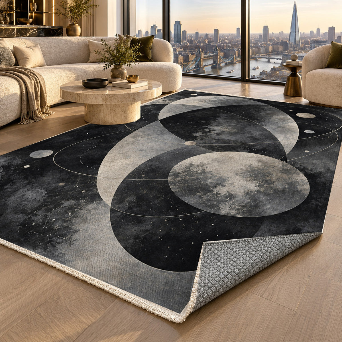 Celestial Orbits Charcoal Abstract Washable Rug — london luxury living