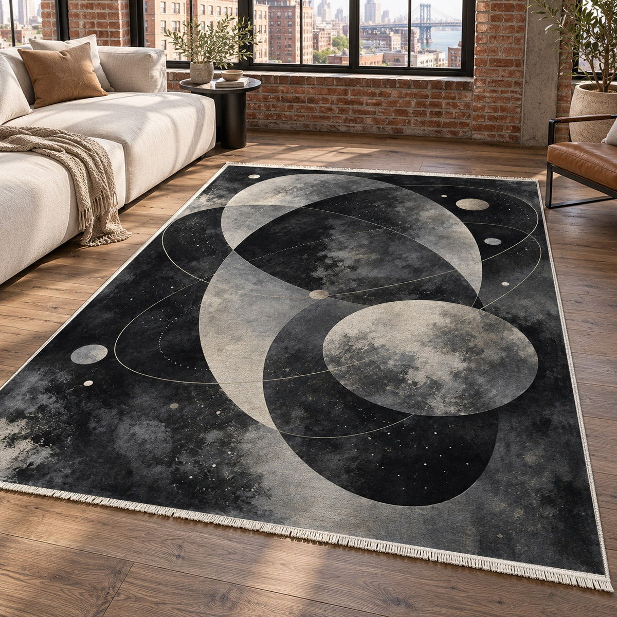 Celestial Orbits Charcoal Abstract Washable Rug — new york living