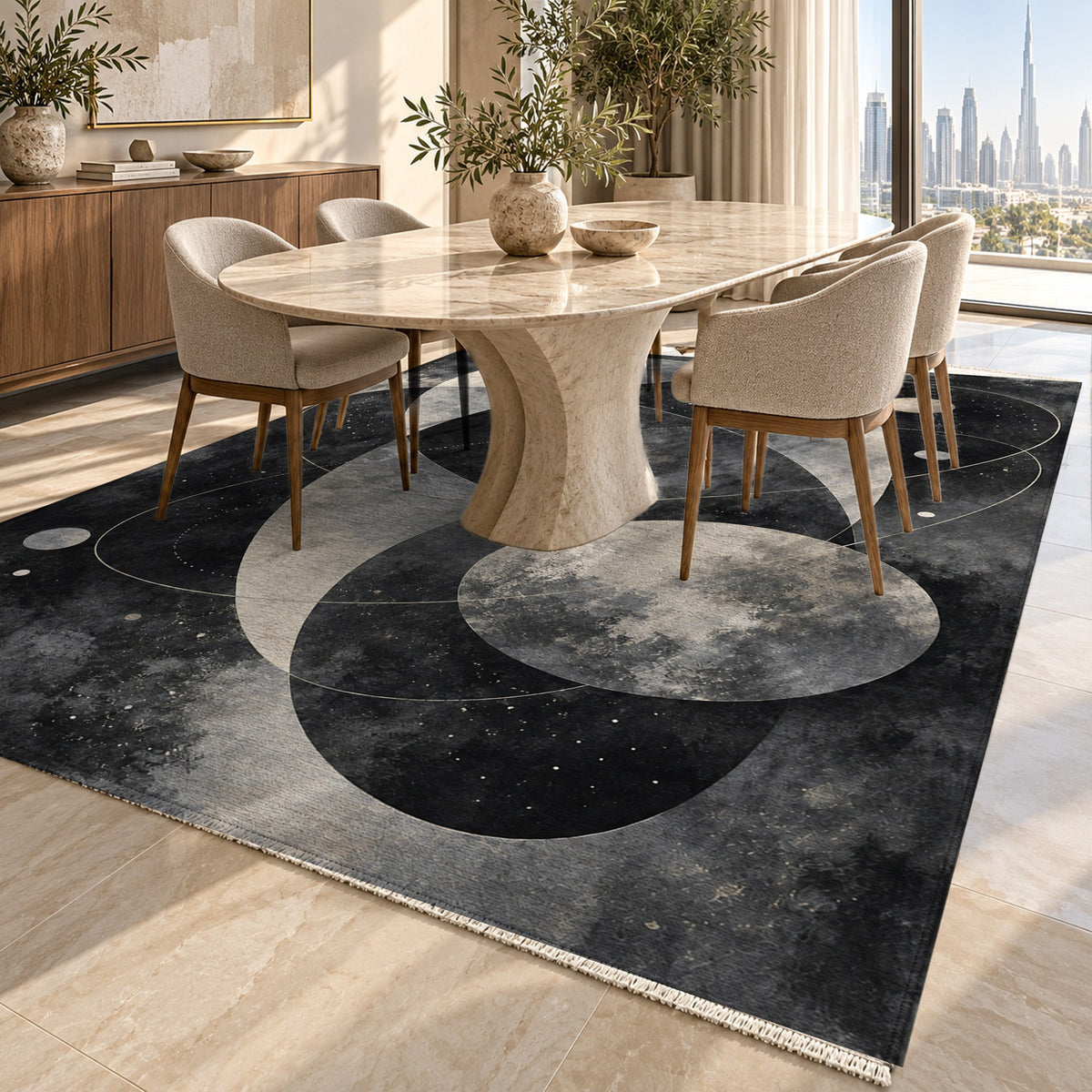 Celestial Orbits Charcoal Abstract Washable Rug — dubai dining