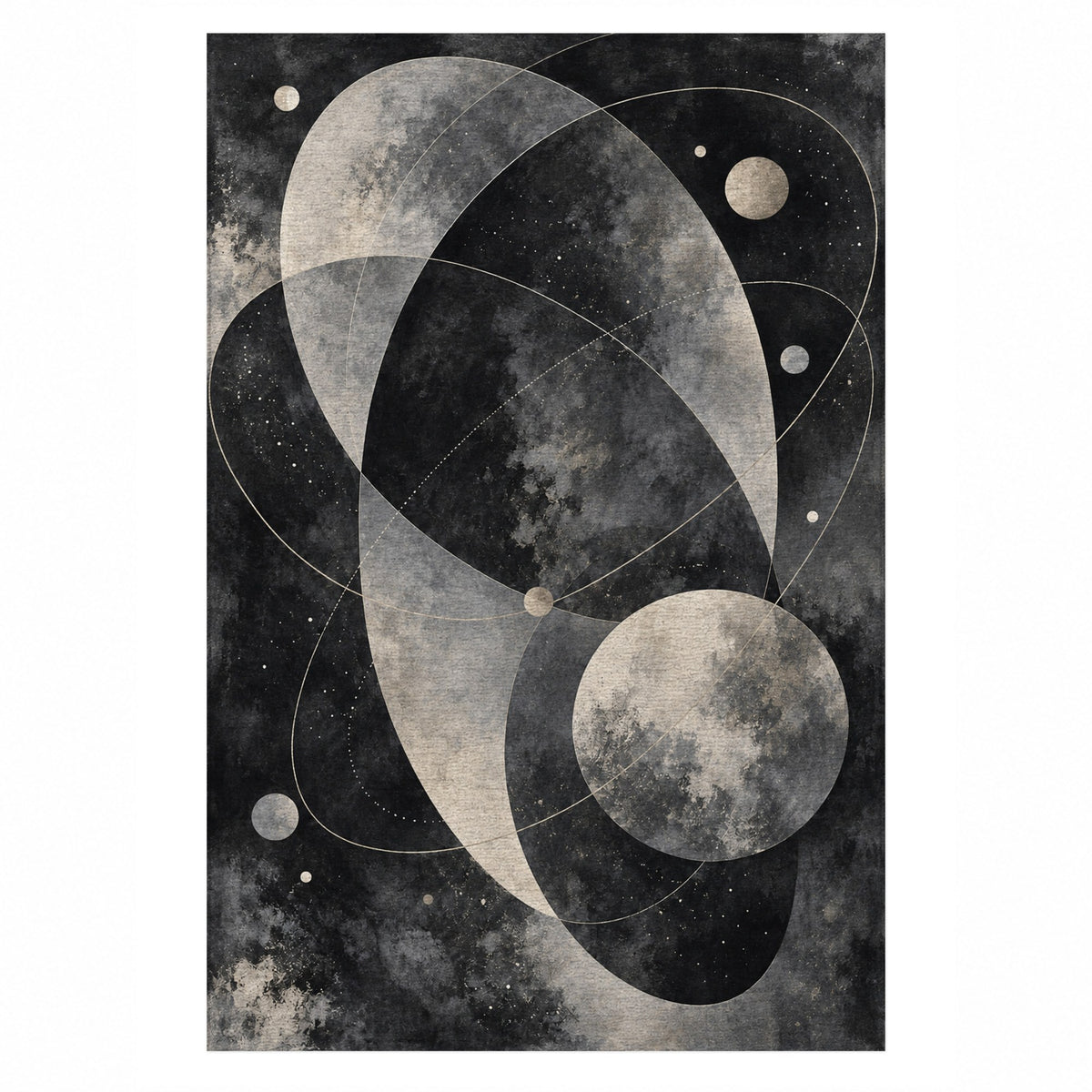 Celestial Orbits Charcoal Abstract Washable Rug — top view