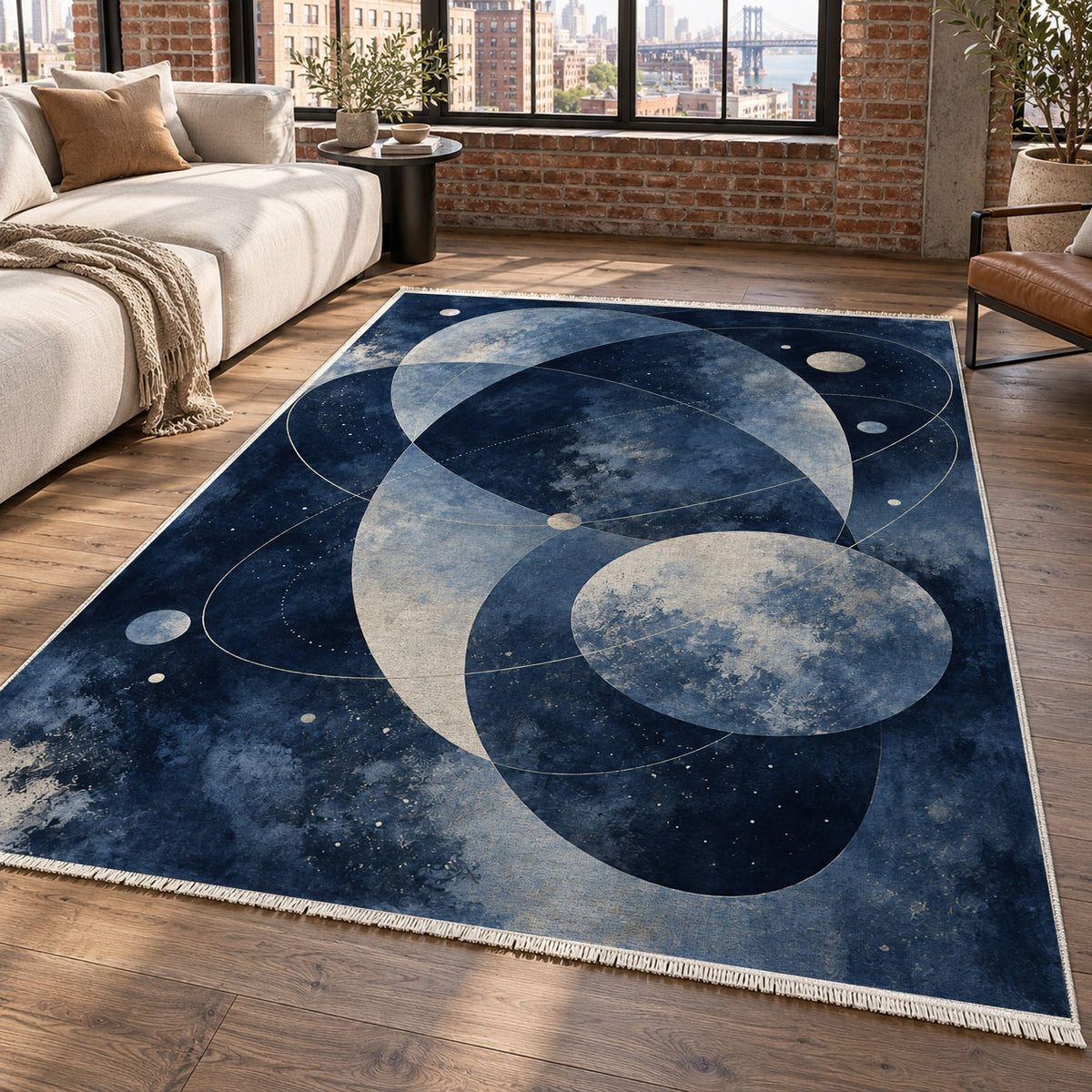 Celestial Orbits Indigo Abstract Washable Rug — new york living