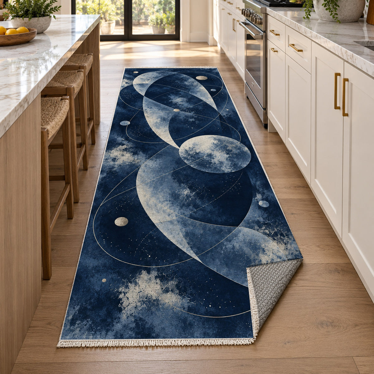 Celestial Orbits Indigo Abstract Washable Rug — new york kitchen runner
