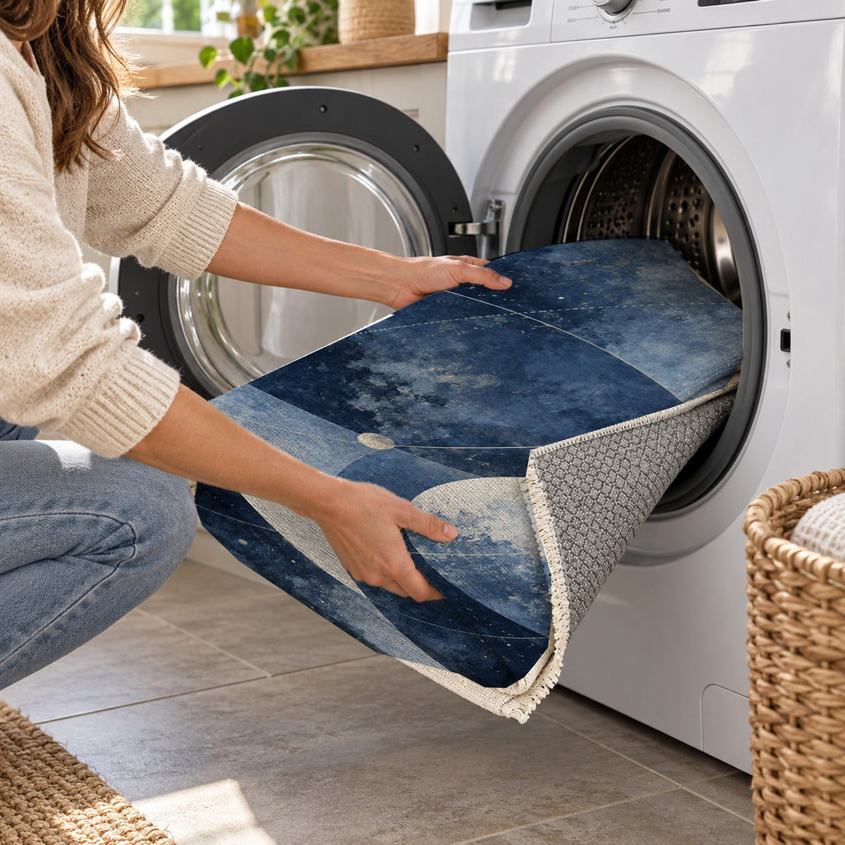 Celestial Orbits Indigo Abstract Washable Rug — washing machine