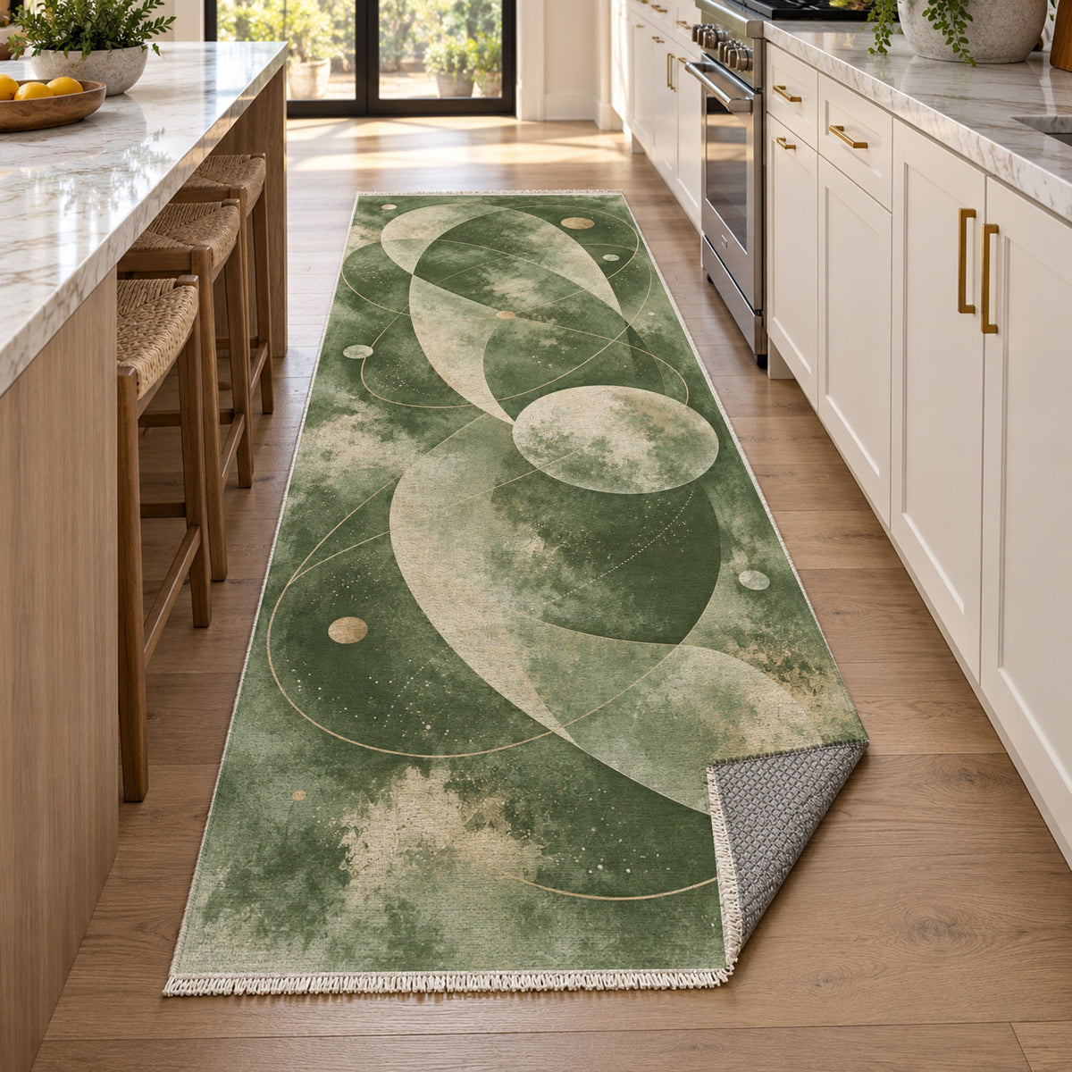 Celestial Orbits Sage Abstract Washable Rug — new york kitchen runner