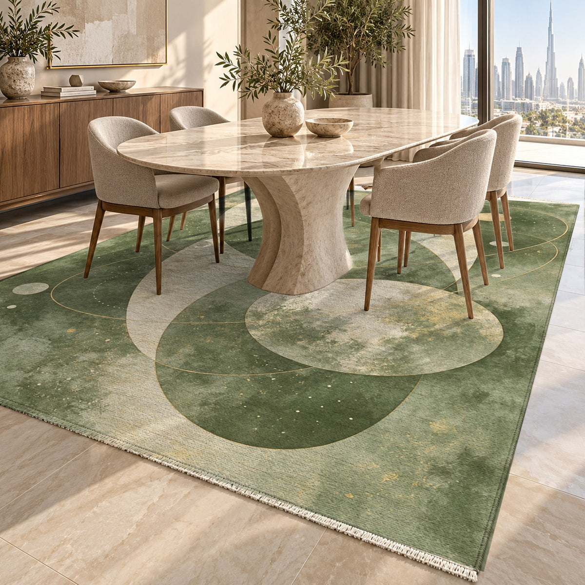 Celestial Orbits Sage Abstract Washable Rug — dubai dining