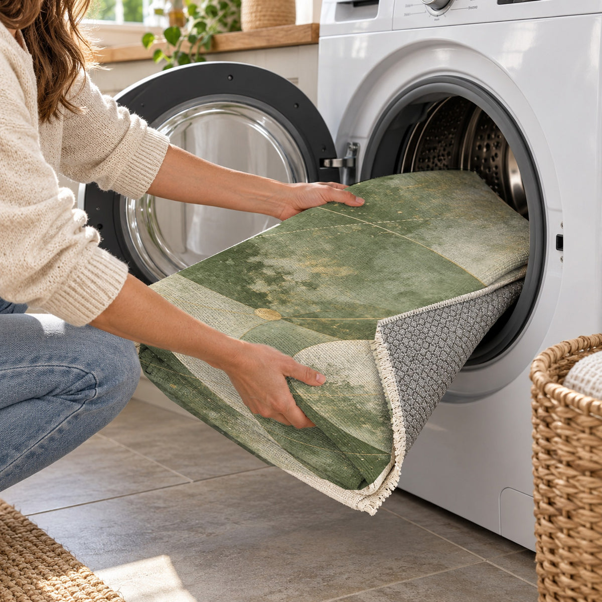 Celestial Orbits Sage Abstract Washable Rug — washing machine