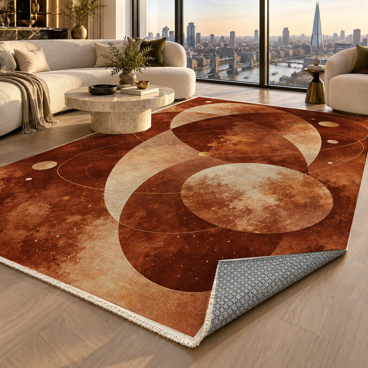 Celestial Orbits Terracotta Abstract Washable Rug — london luxury living