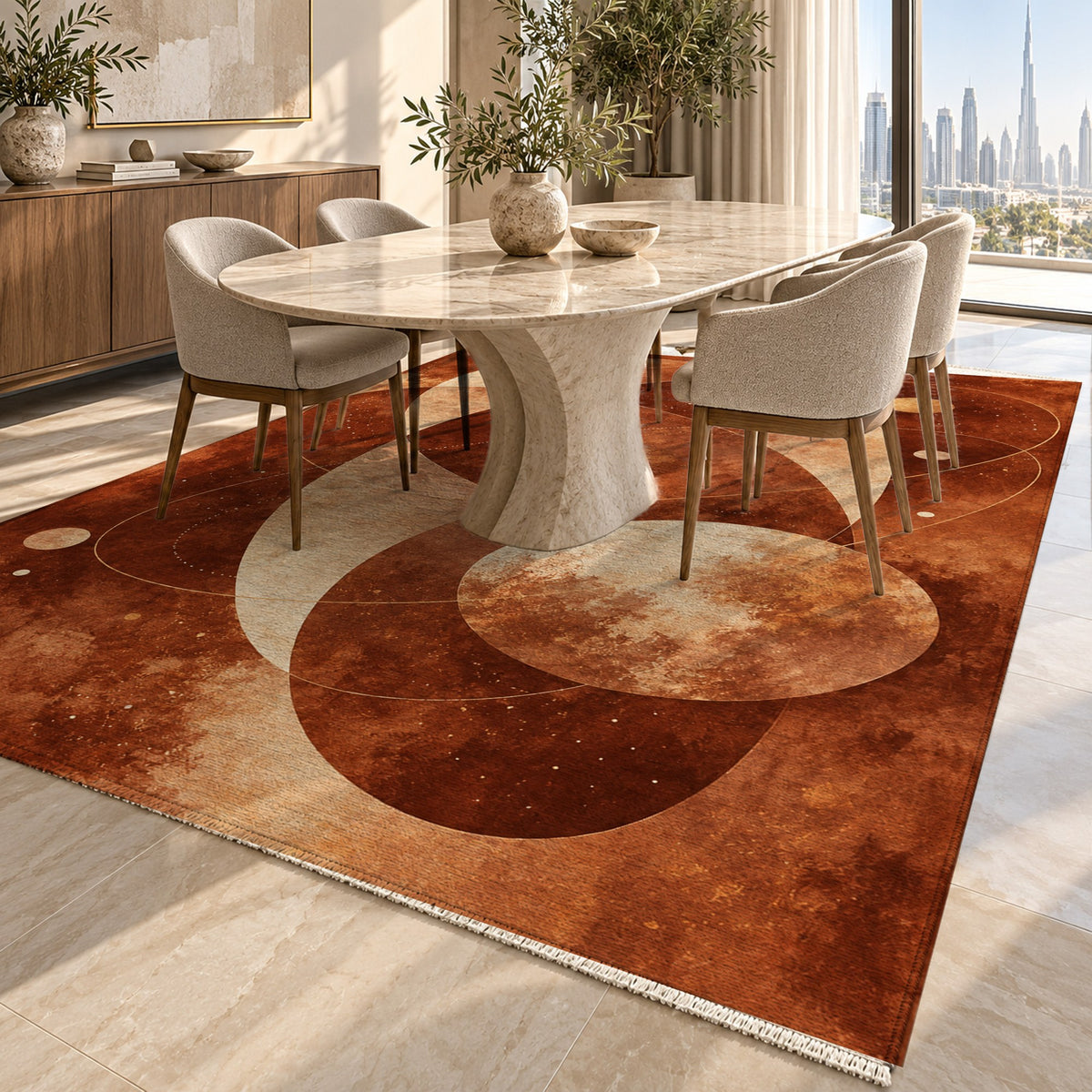Celestial Orbits Terracotta Abstract Washable Rug — dubai dining