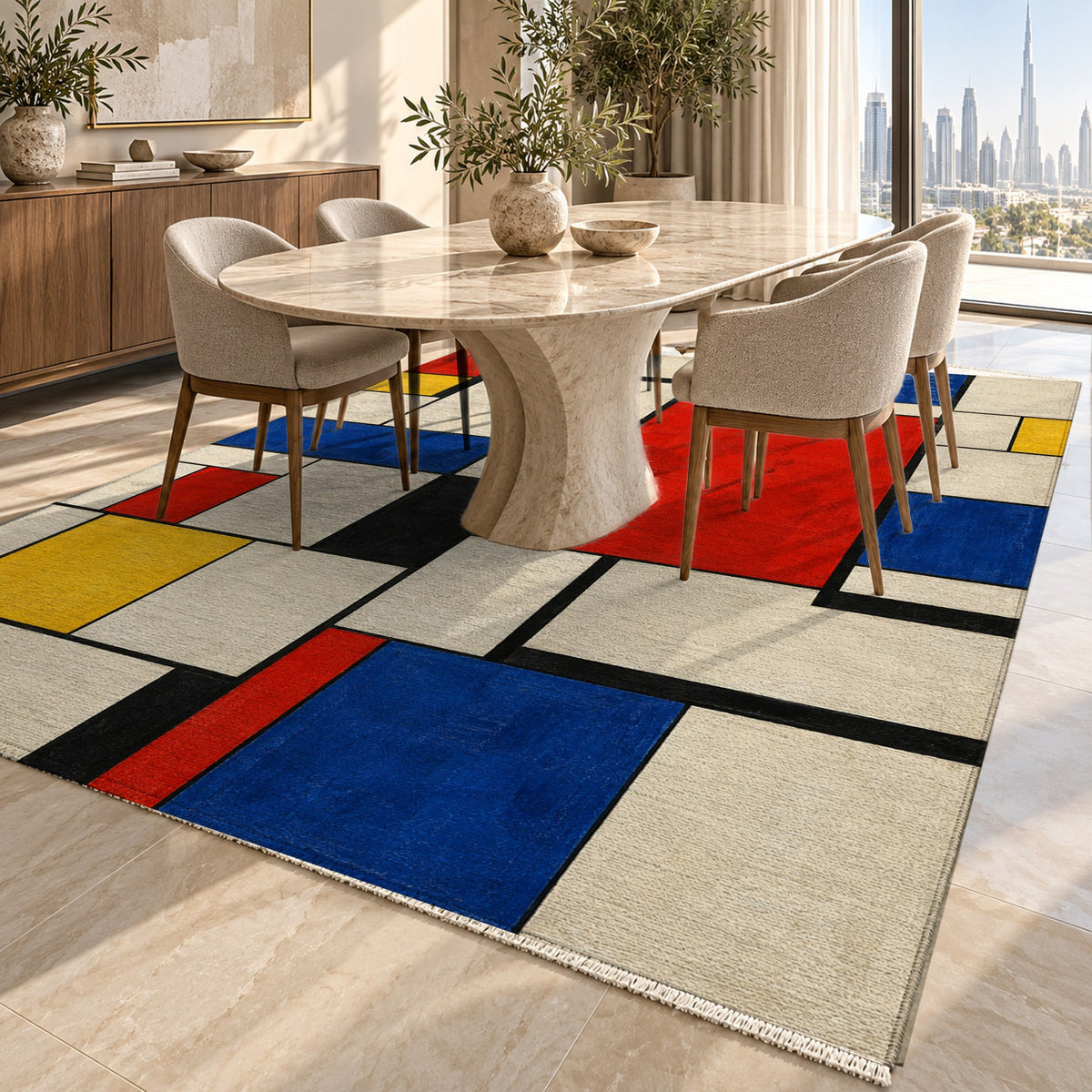 Chromatic Grid Abstract Washable Rug — dubai dining
