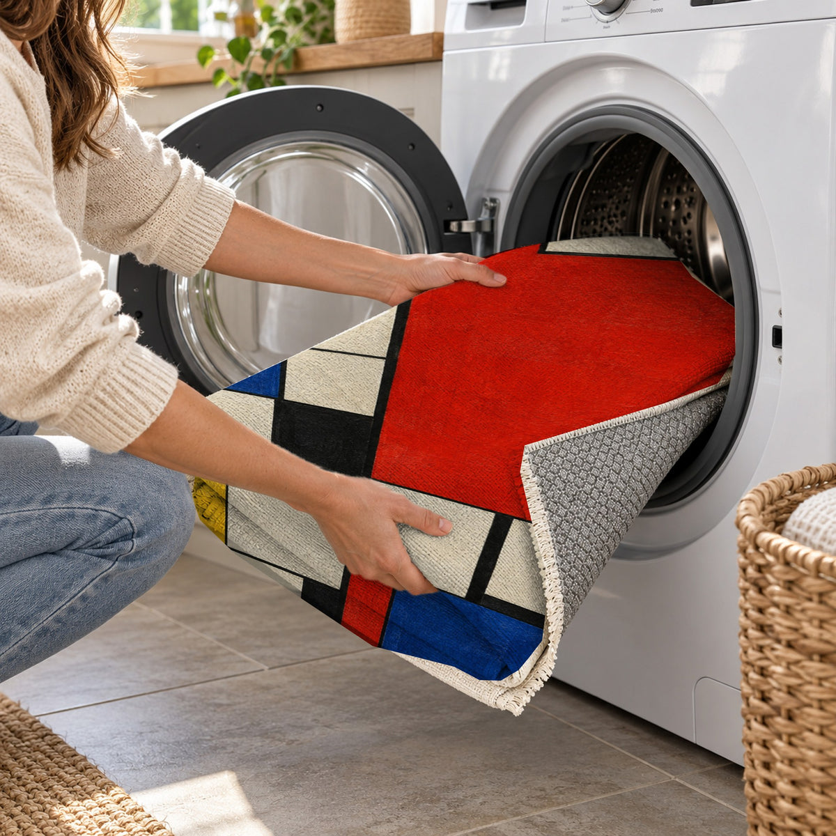 Chromatic Grid Abstract Washable Rug — washing machine