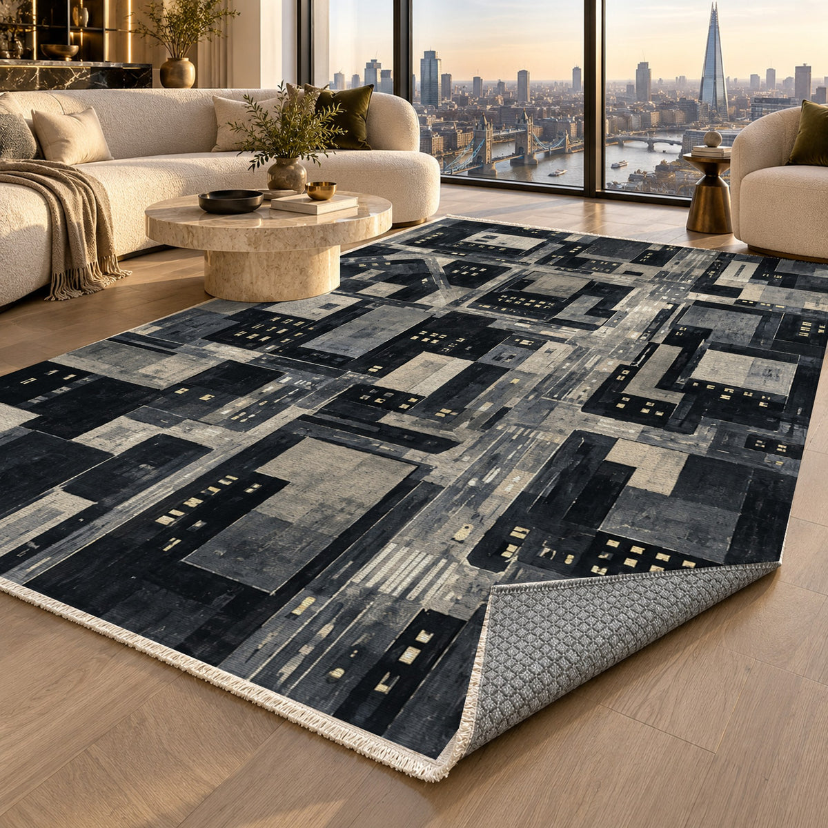 City At Dusk Charcoal Modern Washable Rug — london luxury living