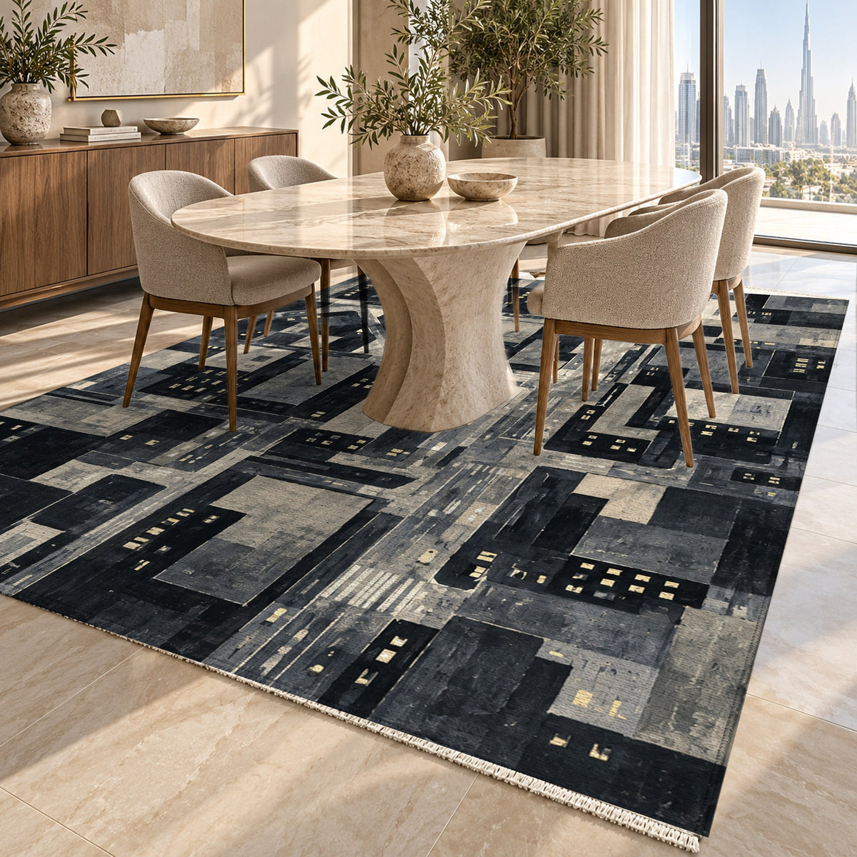 City At Dusk Charcoal Modern Washable Rug — dubai dining