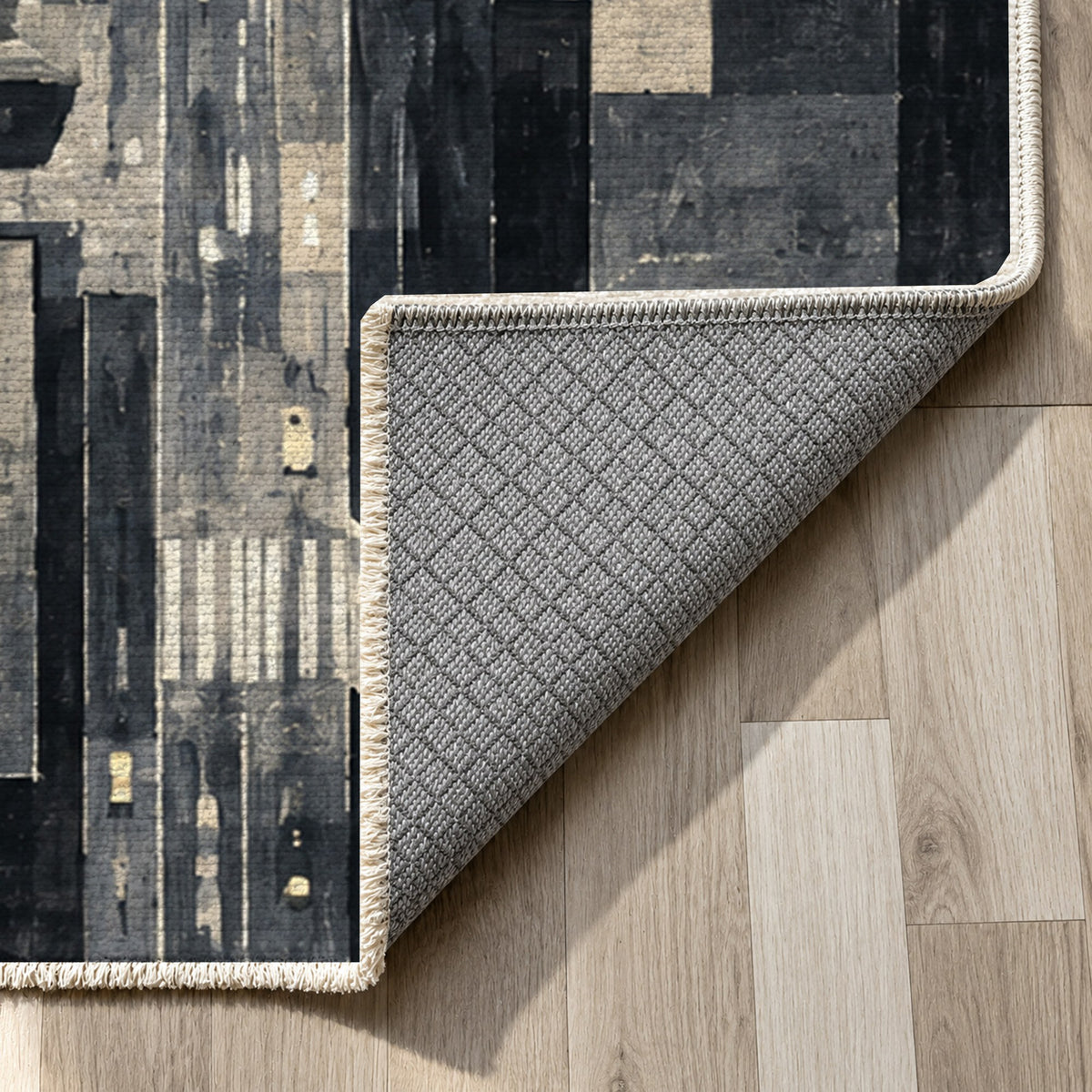 City At Dusk Charcoal Modern Washable Rug — backing close up