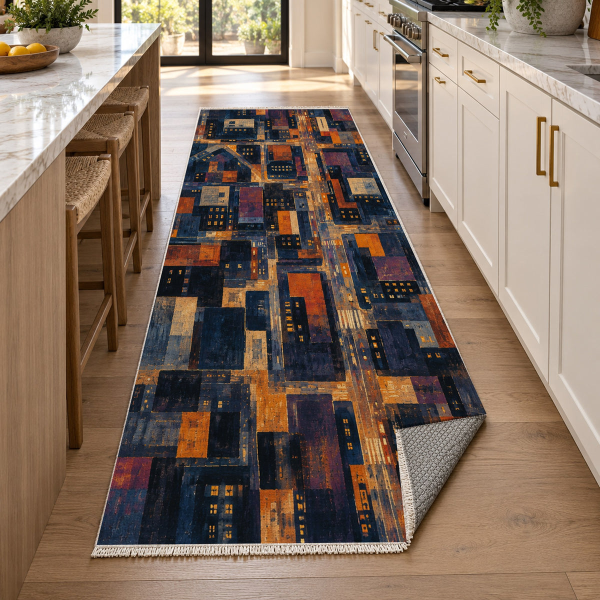 City At Dusk II Modern Washable Rug — new york kitchen runner