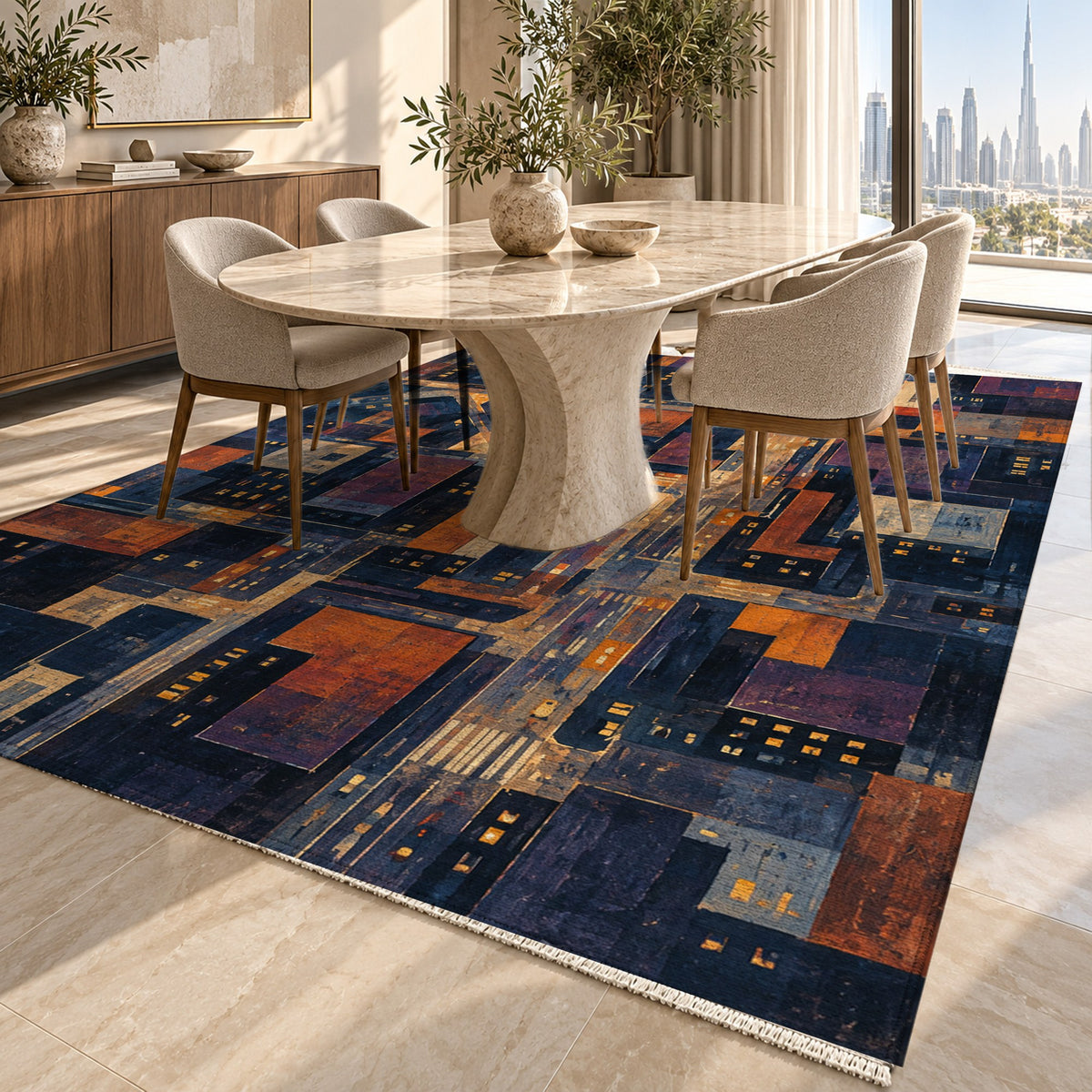 City At Dusk II Modern Washable Rug — dubai dining