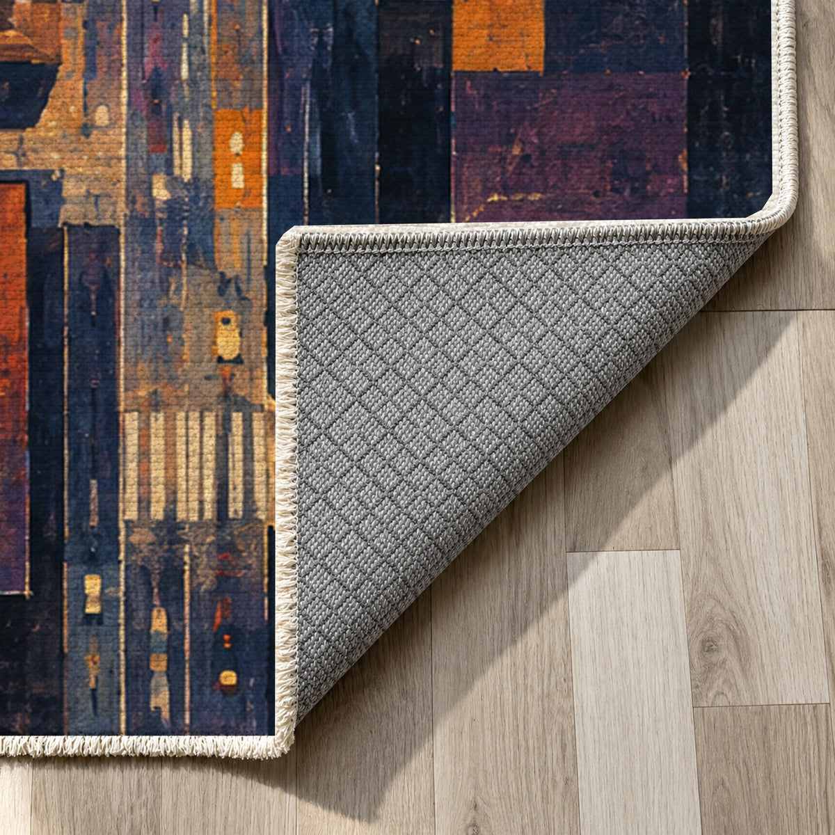 City At Dusk II Modern Washable Rug — backing close up