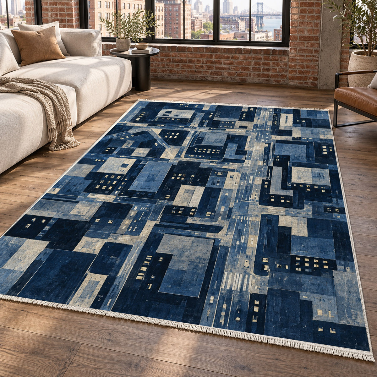 City At Dusk Indigo Modern Washable Rug — new york living