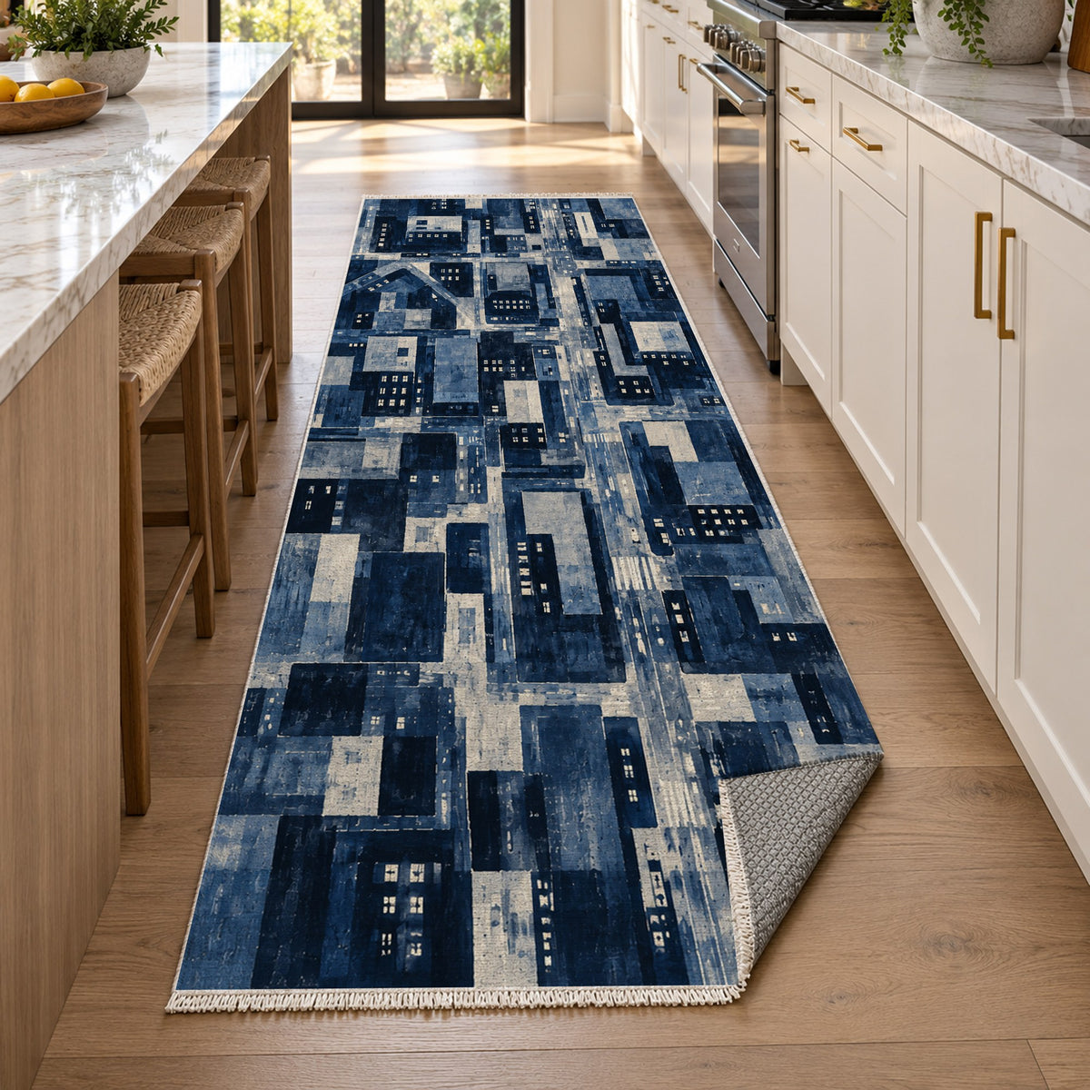 City At Dusk Indigo Modern Washable Rug — new york kitchen runner