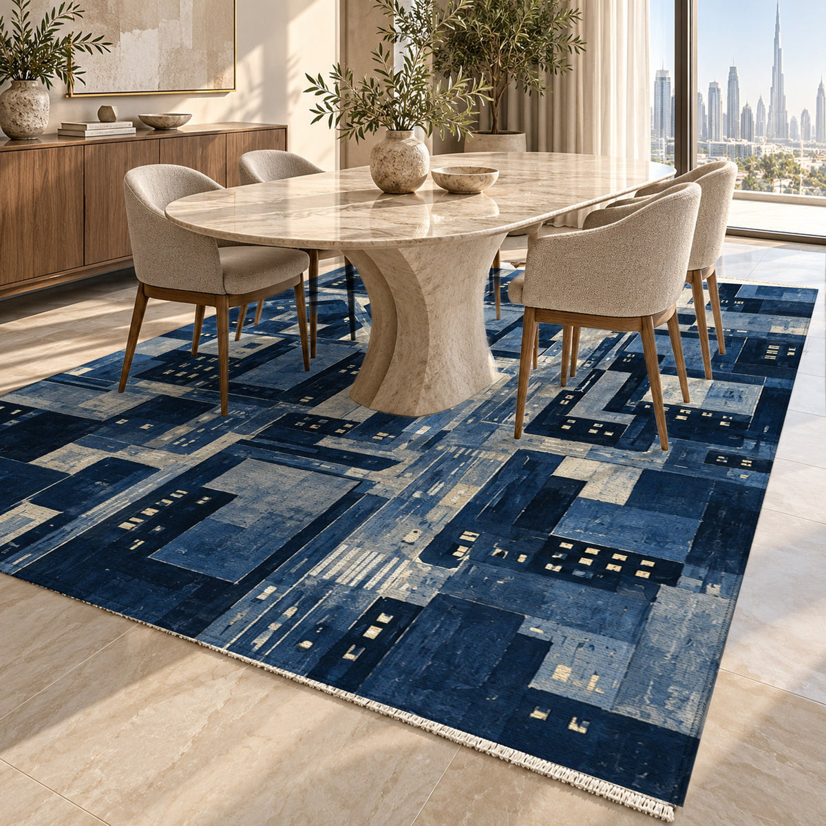 City At Dusk Indigo Modern Washable Rug — dubai dining