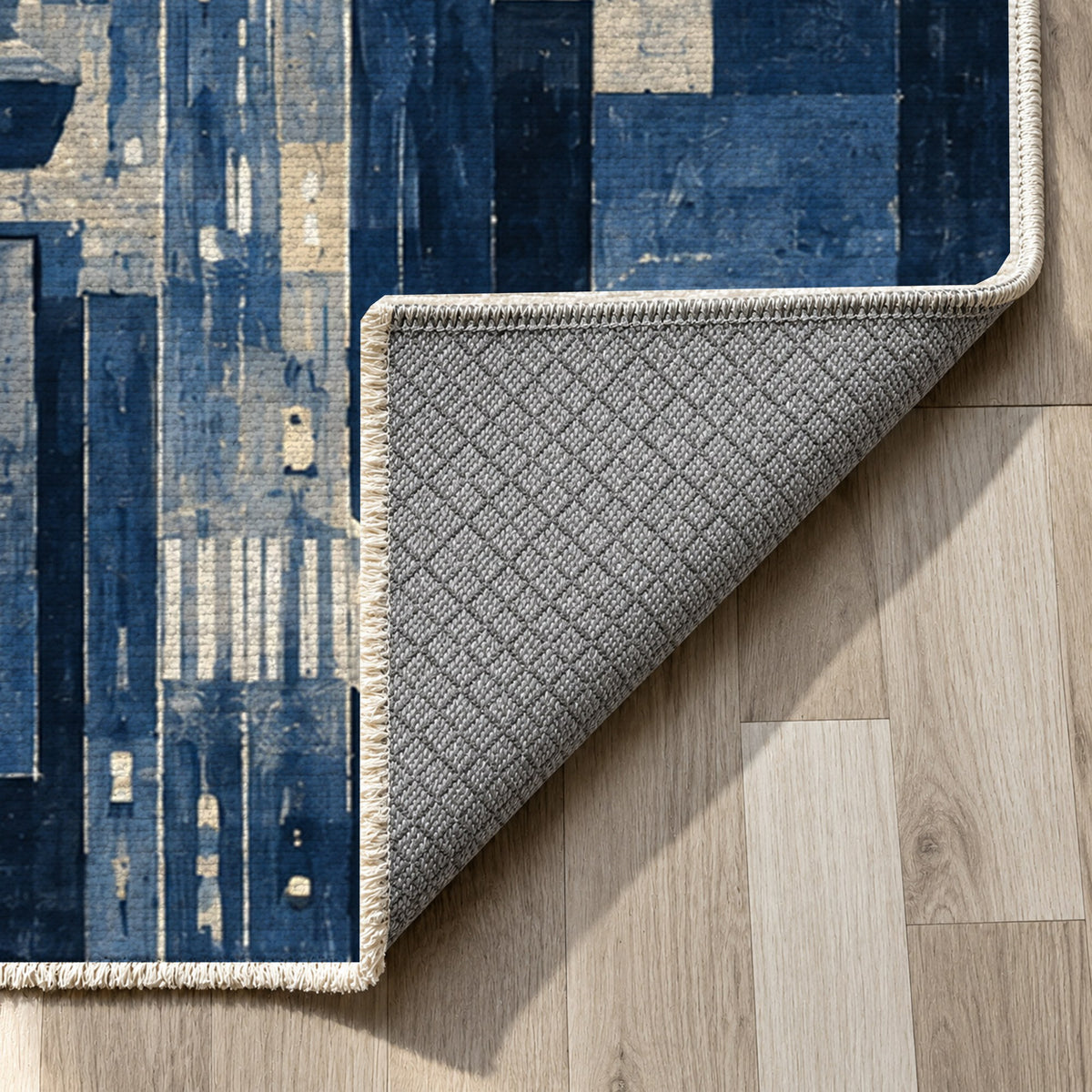 City At Dusk Indigo Modern Washable Rug — backing close up