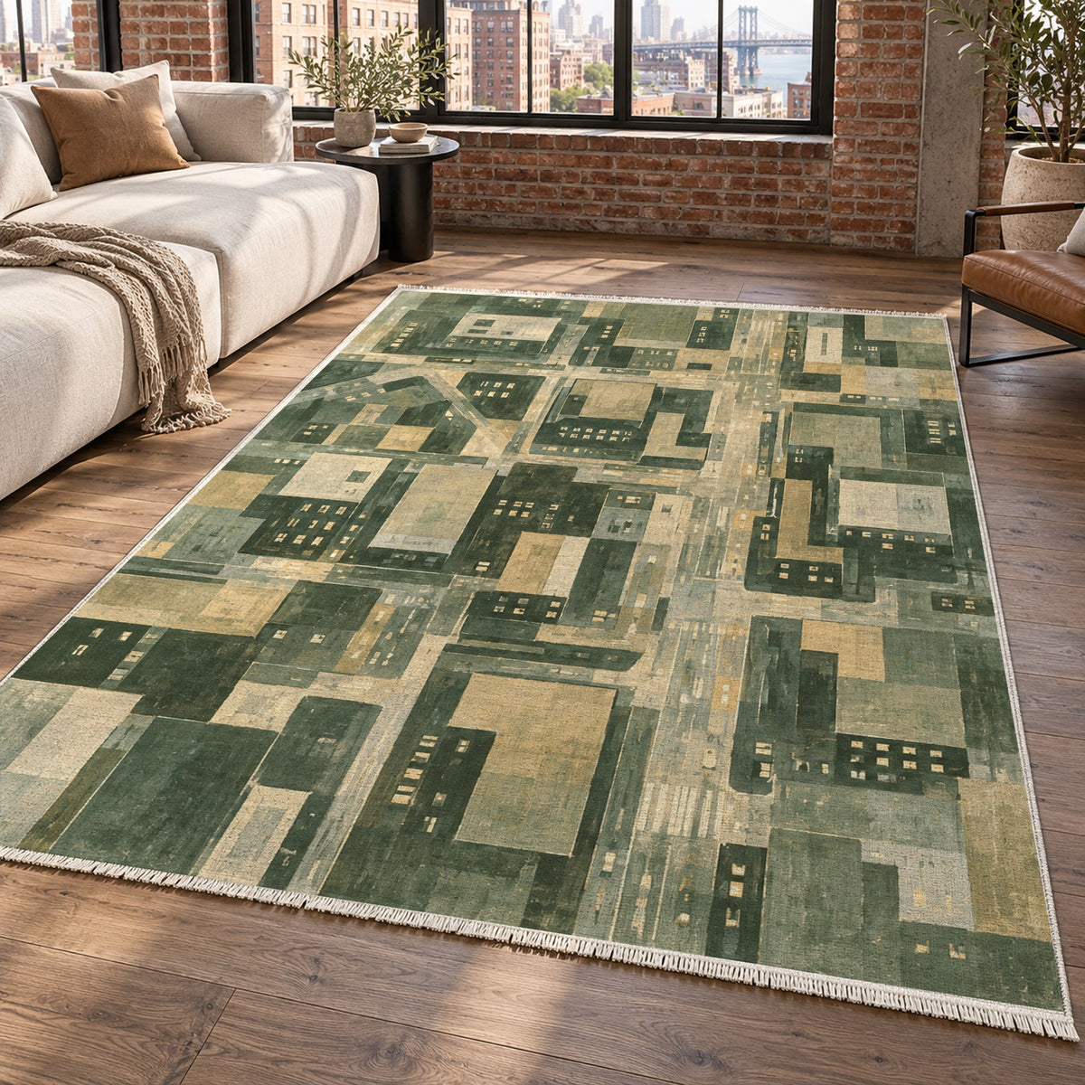 City At Dusk Sage Modern Washable Rug — new york living