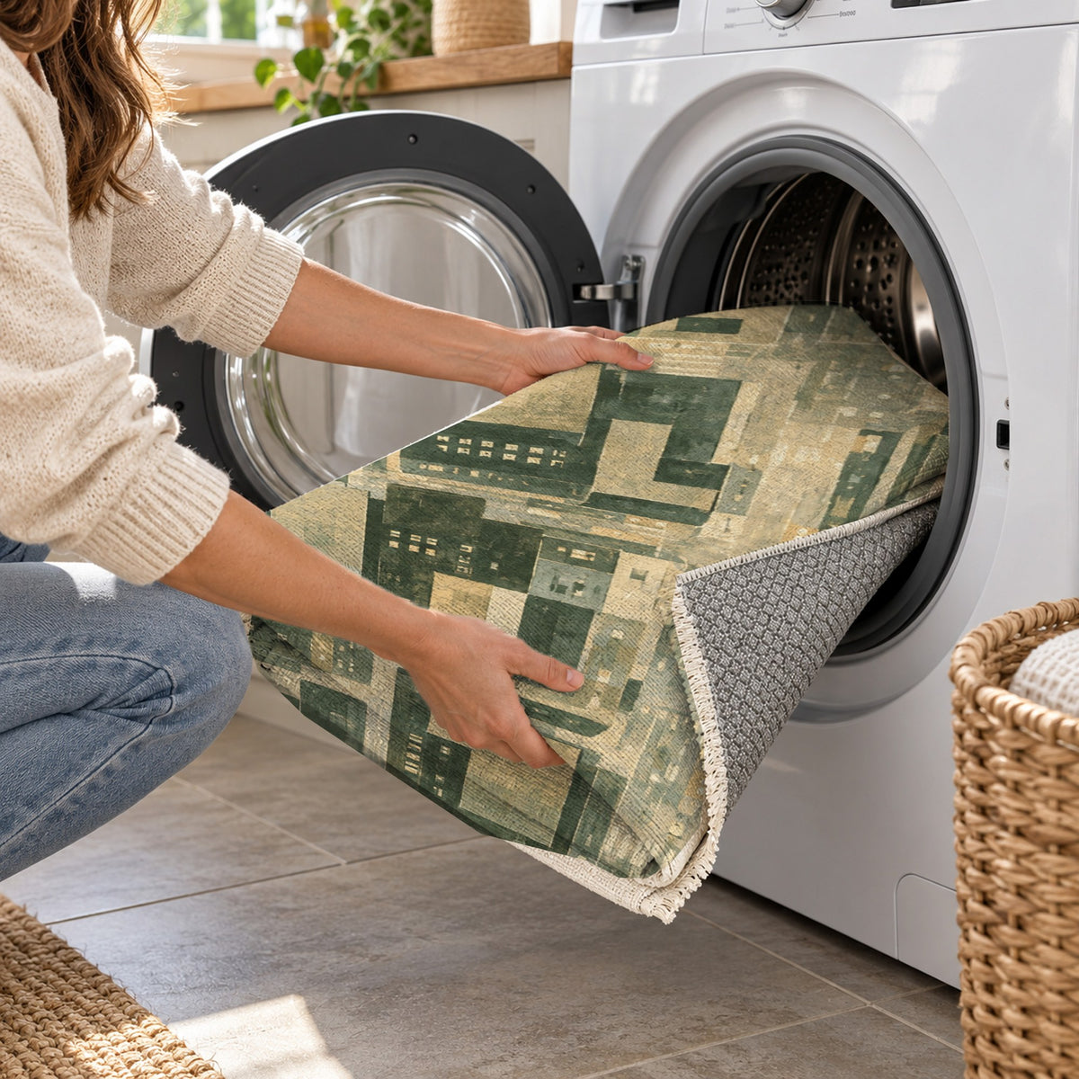 City At Dusk Sage Modern Washable Rug — washing machine