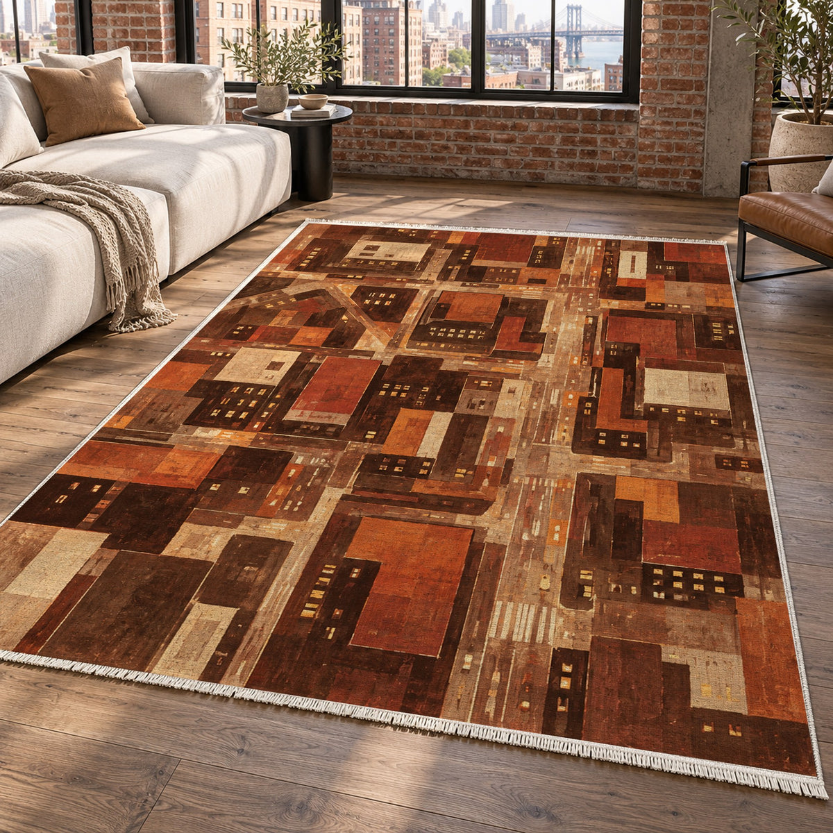 City At Dusk Terracotta Modern Washable Rug — new york living