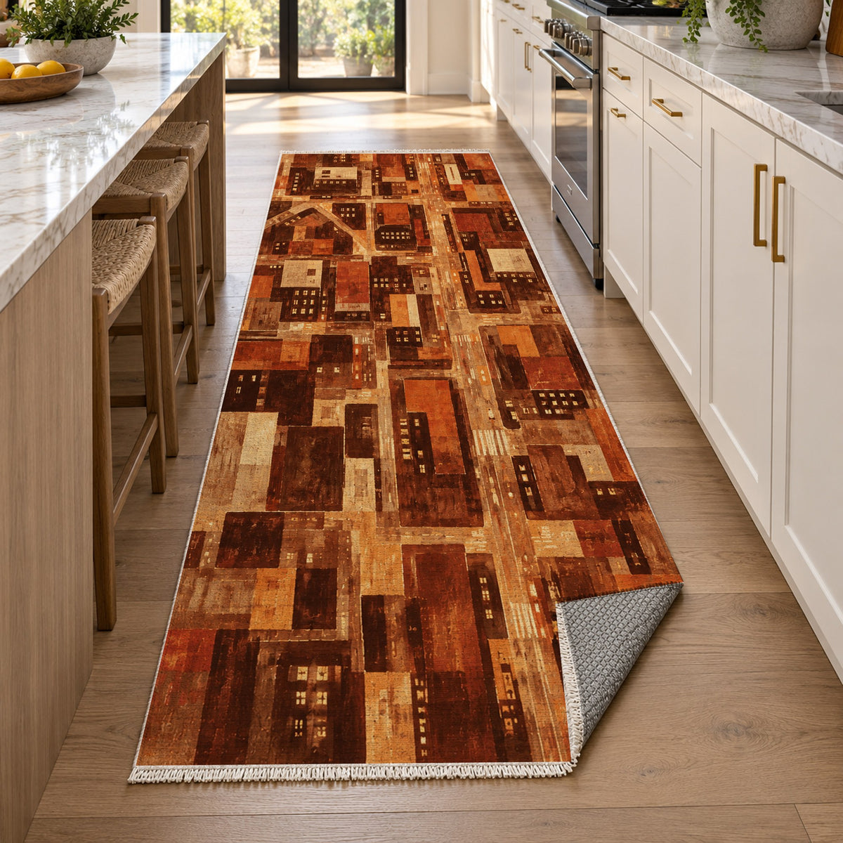 City At Dusk Terracotta Modern Washable Rug — new york kitchen runner
