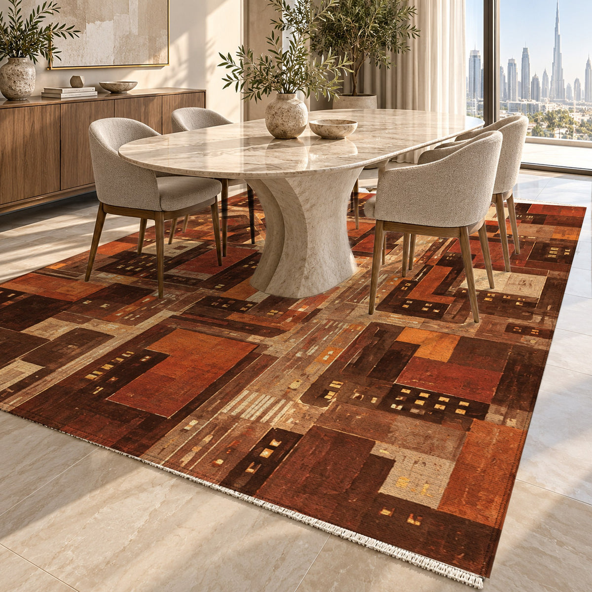 City At Dusk Terracotta Modern Washable Rug — dubai dining