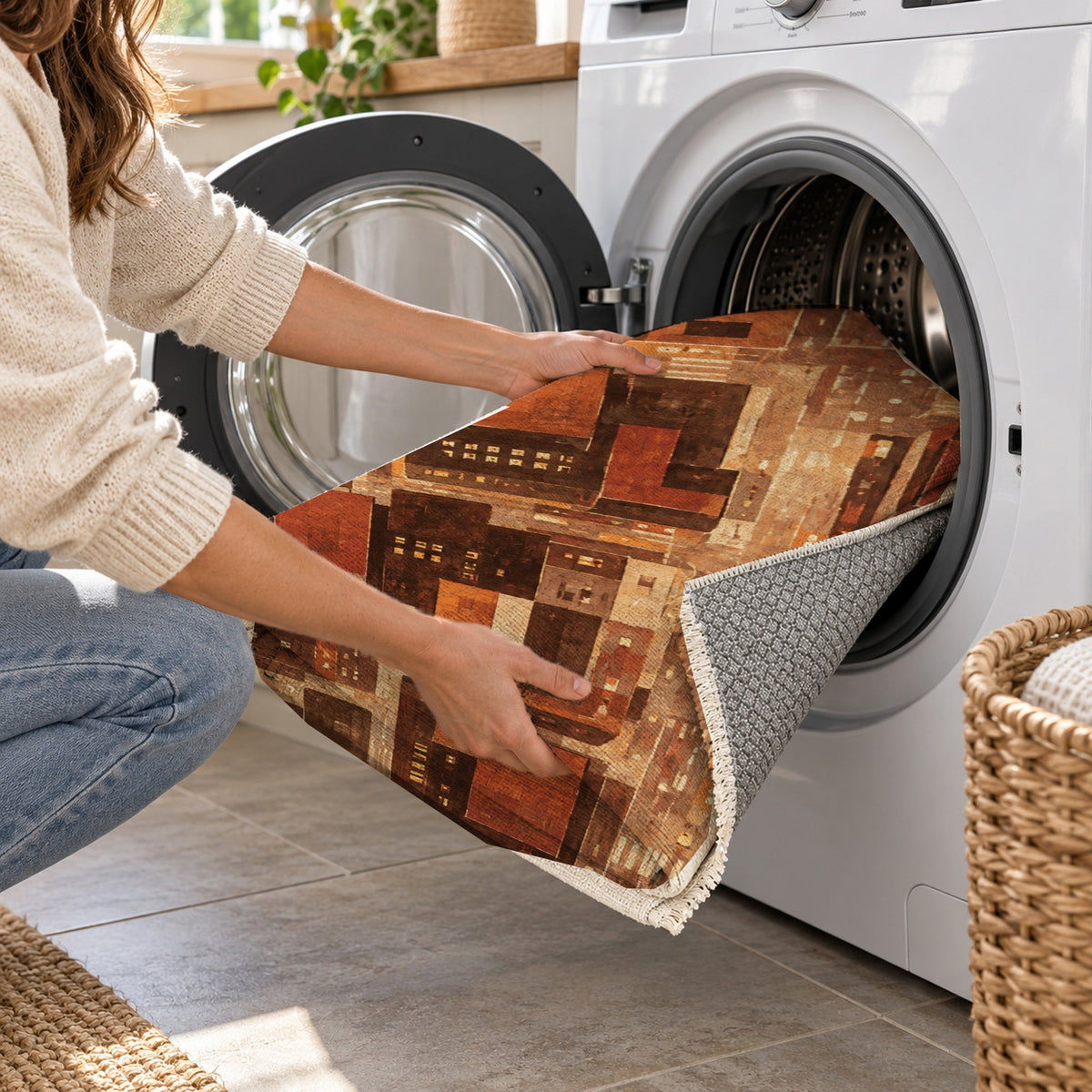 City At Dusk Terracotta Modern Washable Rug — washing machine